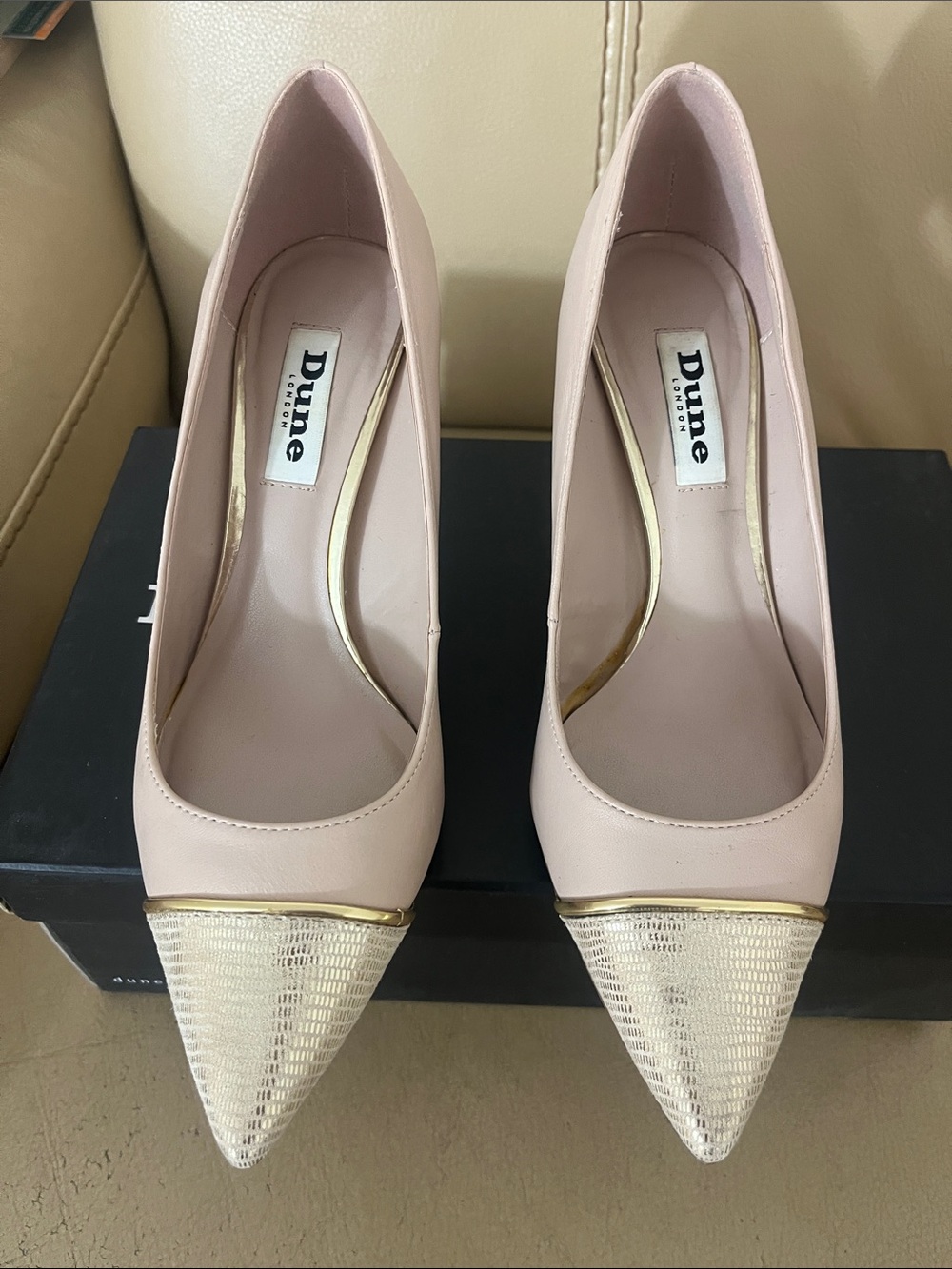 Dune London Blush Pointed Toe Pumps with Gold Textured Cap